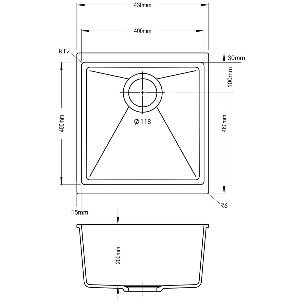 Sternhagen Enigma N100M Nera Black single bowl kitchen sink technical drawing
