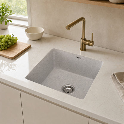 Sternhagen Enigma N100N Bianca undermount single bowl granite composite kitchen sink in a modern kitchen