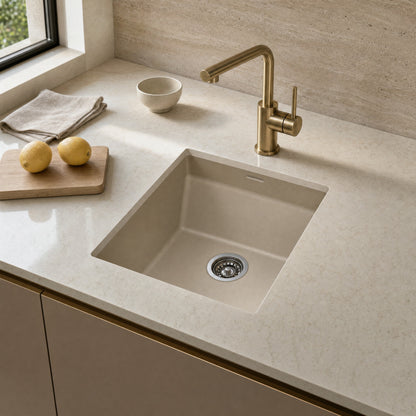Sternhagen Enigma N100N Champagne undermount single bowl granite composite kitchen sink in a modern kitchen