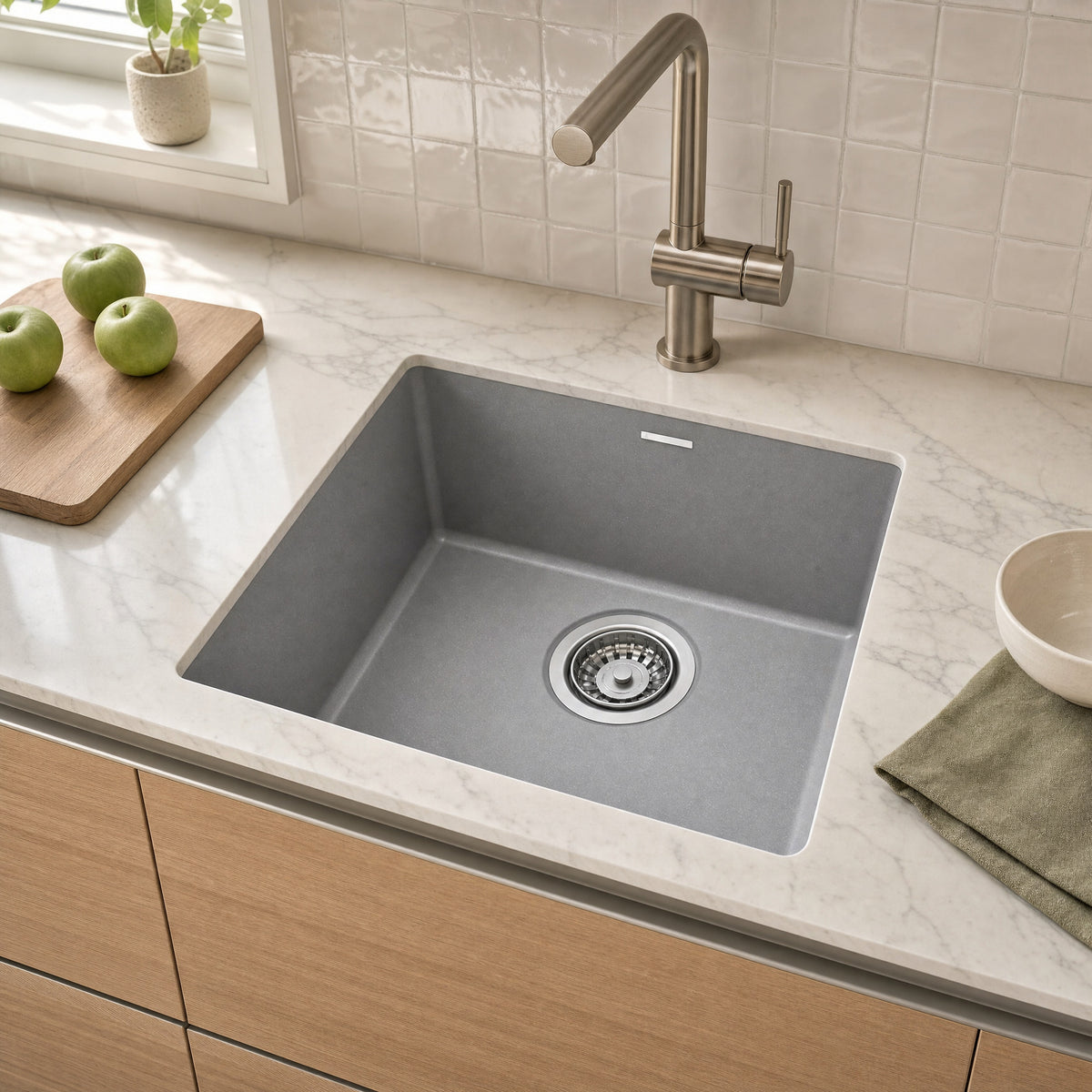Sternhagen Enigma N100N Croma undermount single bowl granite composite kitchen sink in a modern kitchen