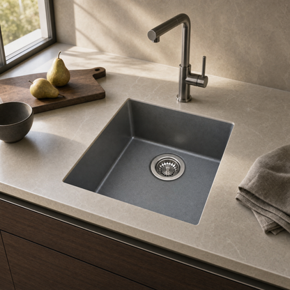 Sternhagen Enigma N100N Metallic Grey undermount single bowl granite composite kitchen sink in a modern kitchen