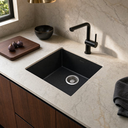 Sternhagen Enigma N100N Nera Black undermount single bowl granite composite kitchen sink in a modern kitchen