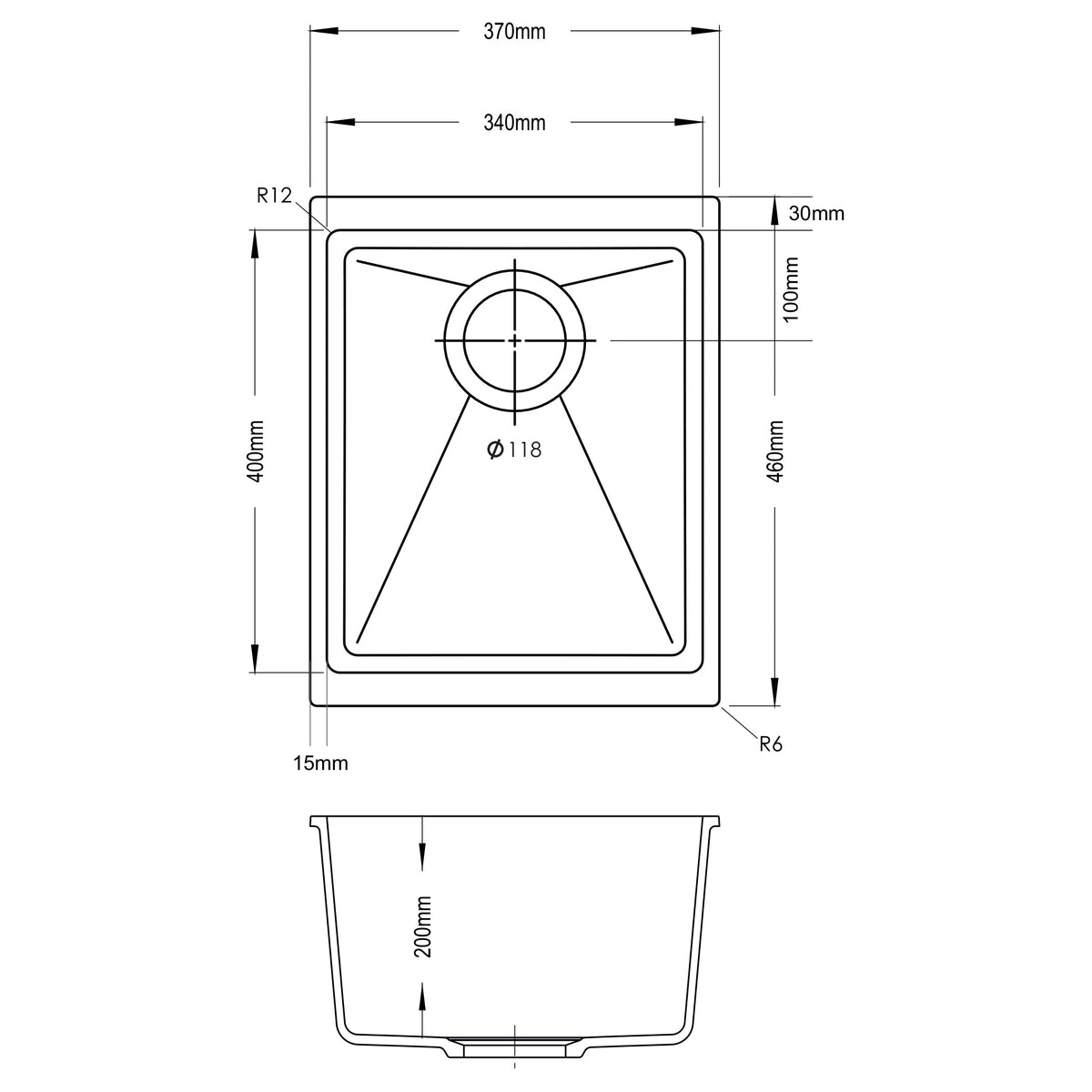 Sternhagen Enigma N100N Bianca single bowl kitchen sink technical drawing