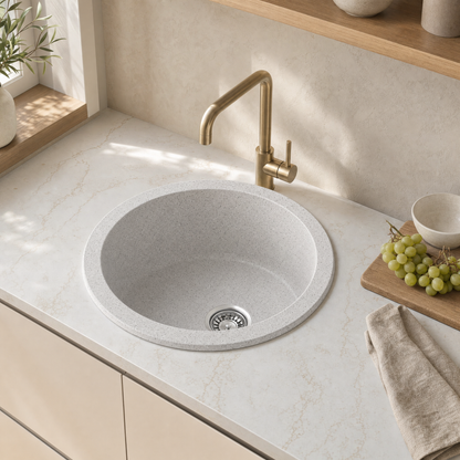 Sternhagen ROCK Bianca round granite composite kitchen sink in a modern kitchen