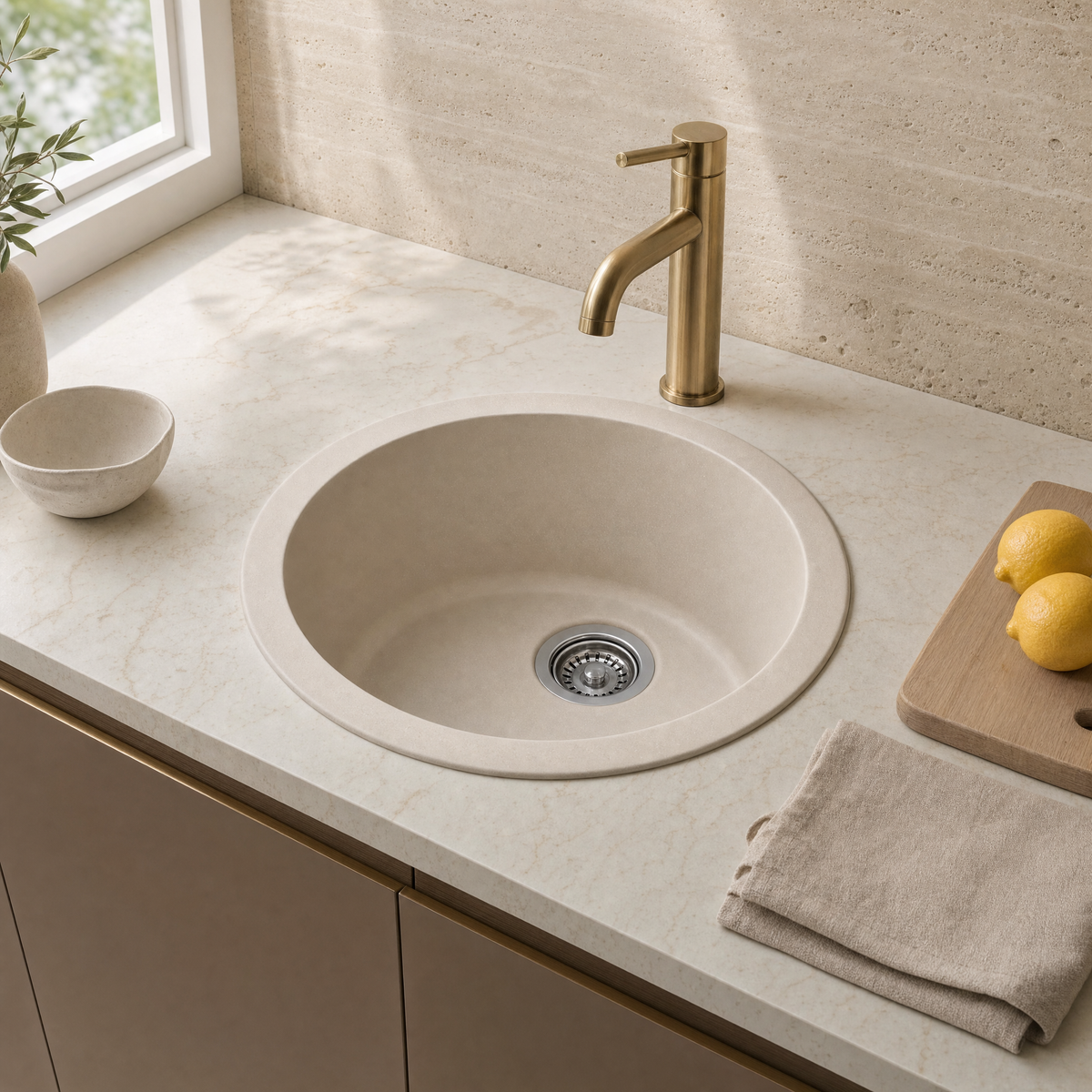 Sternhagen ROCK Champagne round granite composite kitchen sink in a modern kitchen