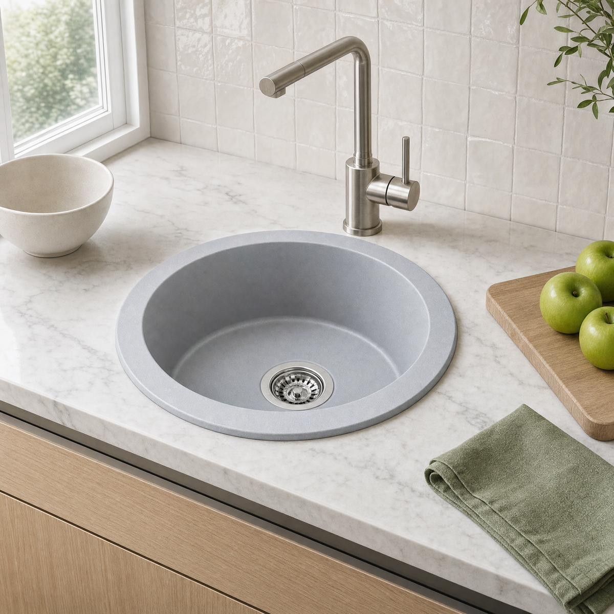 Sternhagen ROCK Croma round granite composite kitchen sink in a modern kitchen
