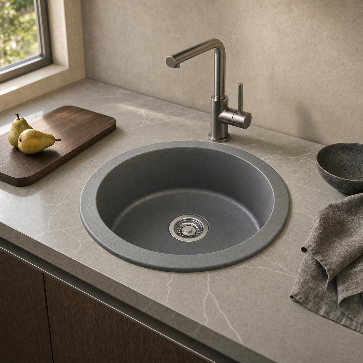 Sternhagen ROCK Metallic Grey round granite composite kitchen sink in a modern kitchen