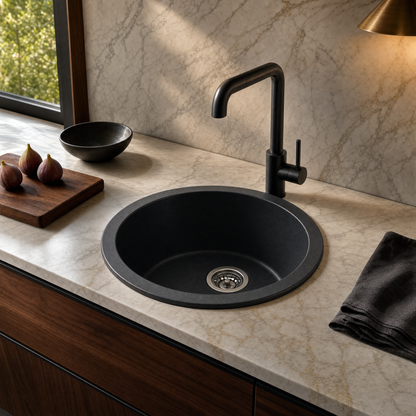 Sternhagen ROCK Nera Black round granite composite kitchen sink in a modern kitchen