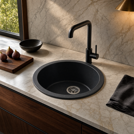 Sternhagen ROCK Nera Black round granite composite kitchen sink in a modern kitchen