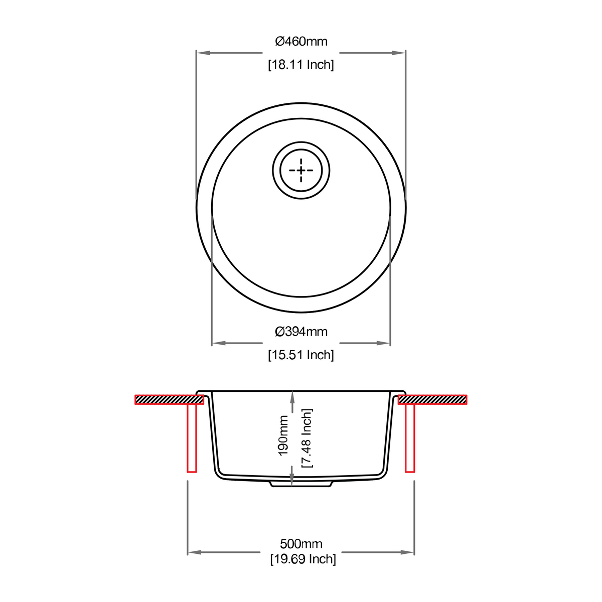Sternhagen ROCK Nera round granite kitchen sink technical drawing