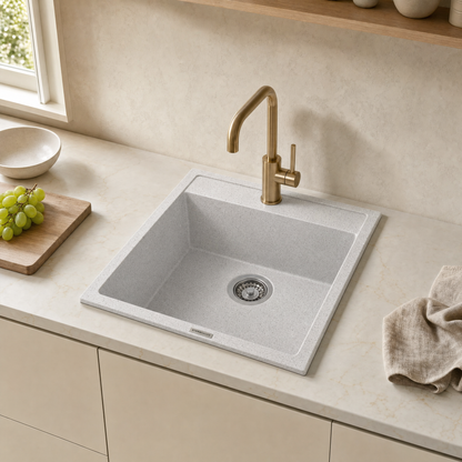Sternhagen Waltz 400 Bianca single bowl granite composite kitchen sink in a modern kitchen