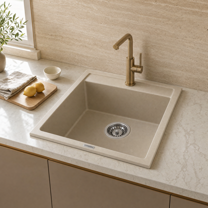 Sternhagen Waltz 400 Champagne single bowl granite composite kitchen sink in a modern kitchen