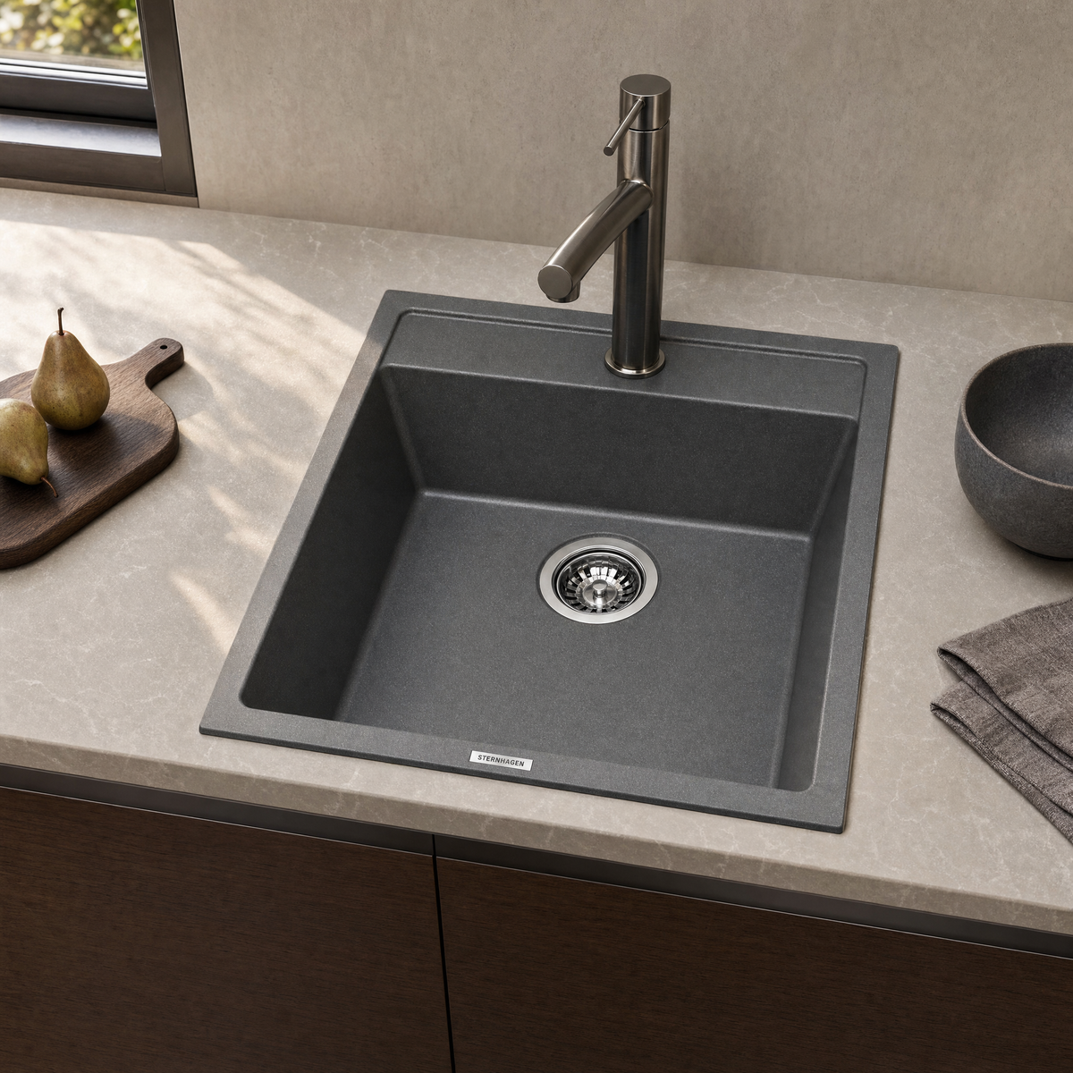 Sternhagen Waltz 400 Metallic Grey single bowl granite composite kitchen sink in a modern kitchen