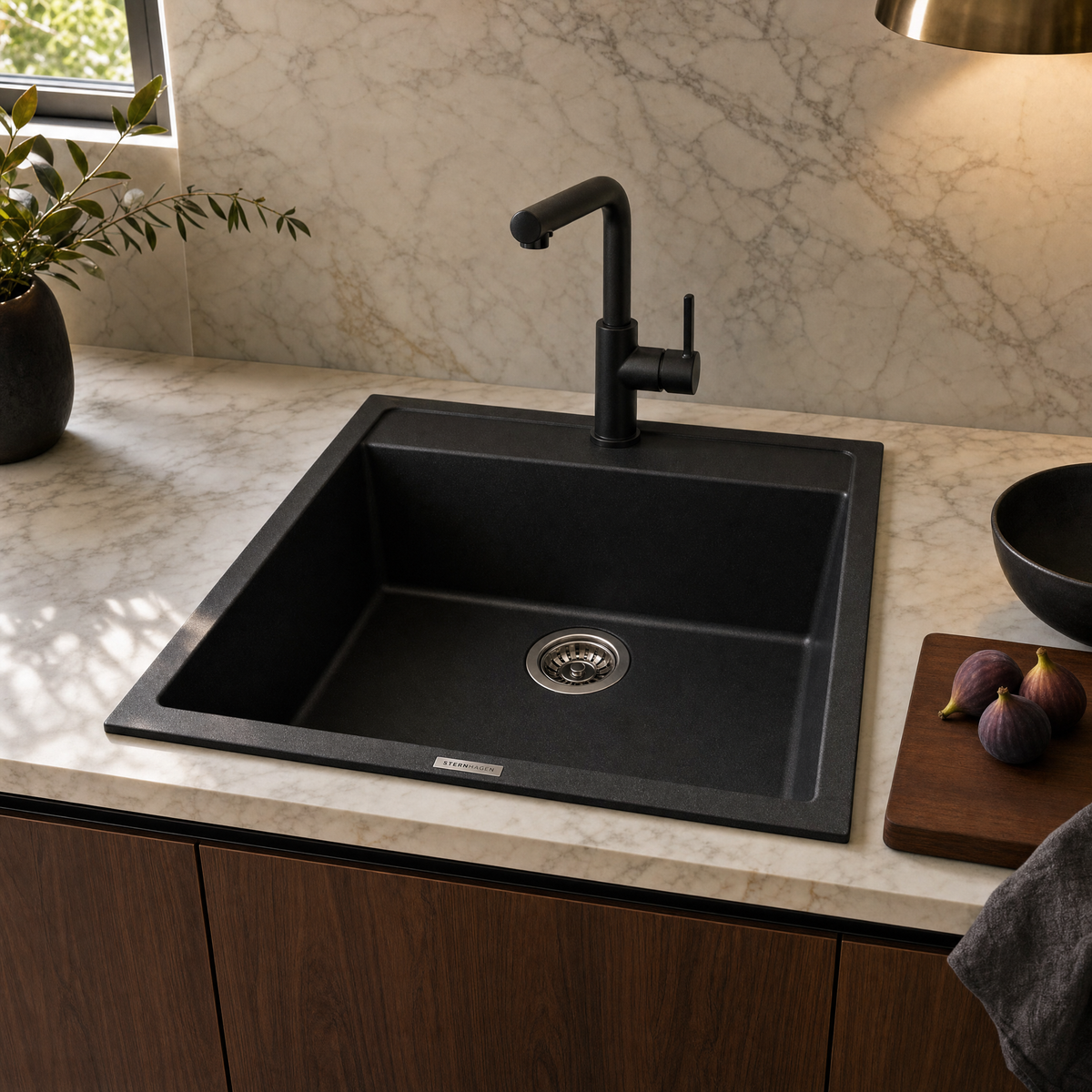 Sternhagen Waltz 400 Nera Black single bowl granite composite kitchen sink in a modern kitchen