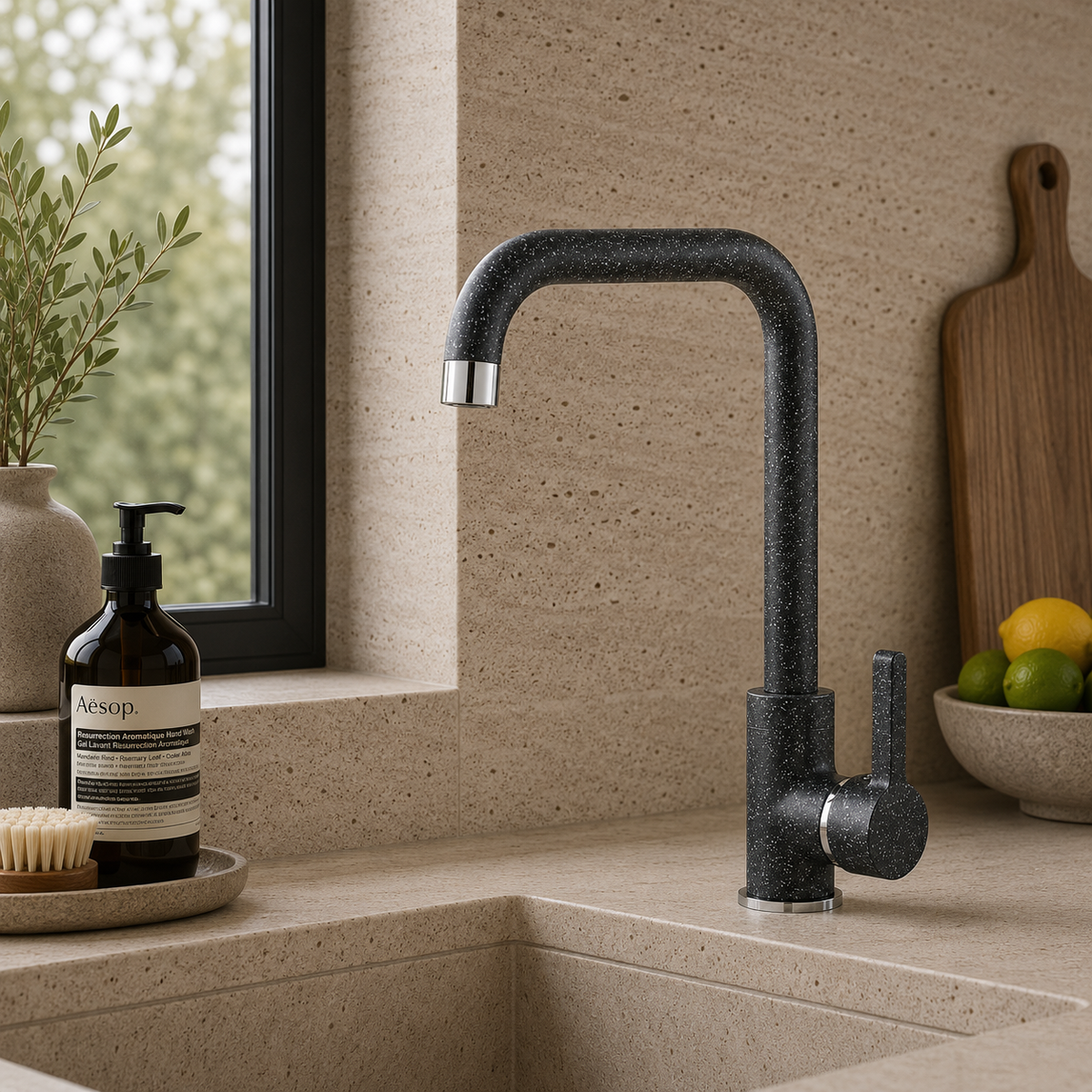 CB's Alessia Black with white speckles kitchen lifestyle