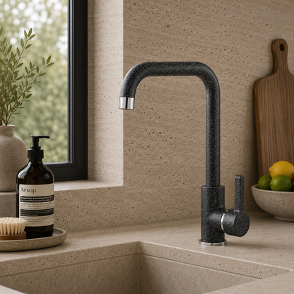 CB's Alessia Black with white speckles kitchen lifestyle