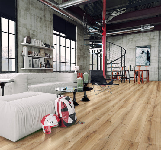 Swiss Krono Atomic Oak D3898WS laminate flooring in a modern loft interior